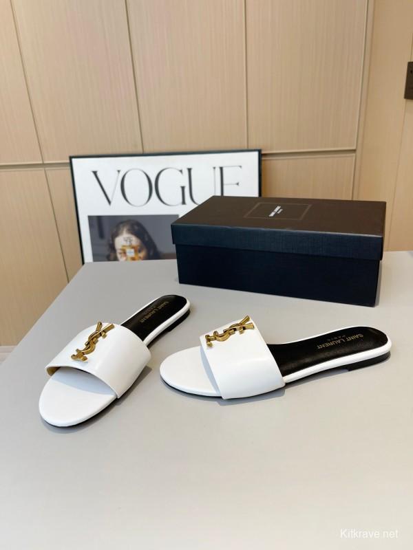 2025 Women Yves Saint Laurent White Leather Slippers LY00180