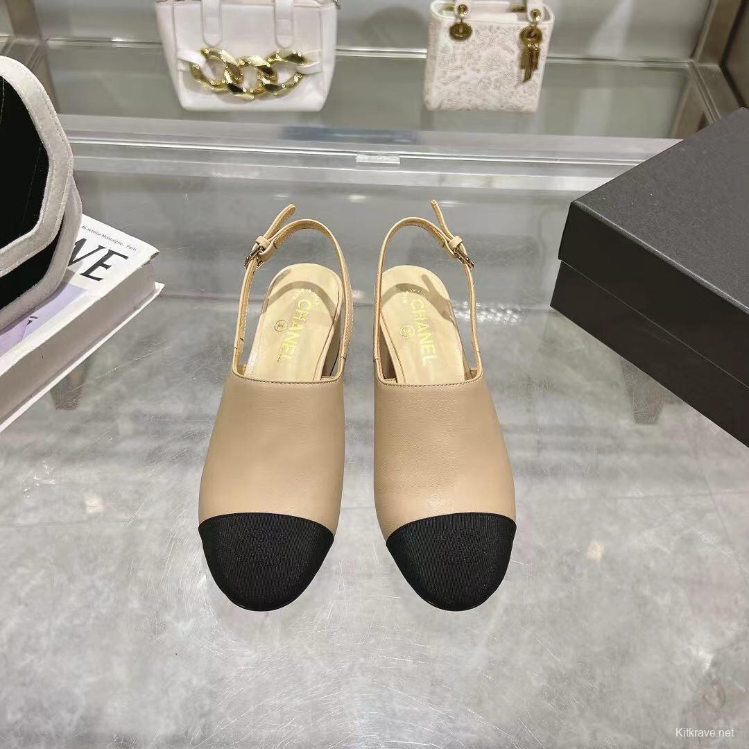 2025 Women Chanel Beige Black Leather Slingback Block Heel LY00300