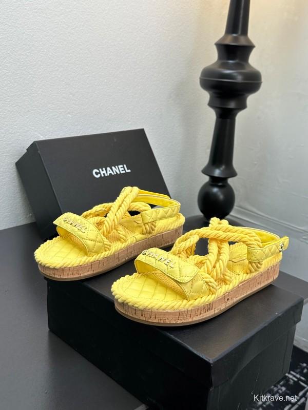 2025 Slippers Chanel Yellow Rope Cork Sole Sandals LY00260