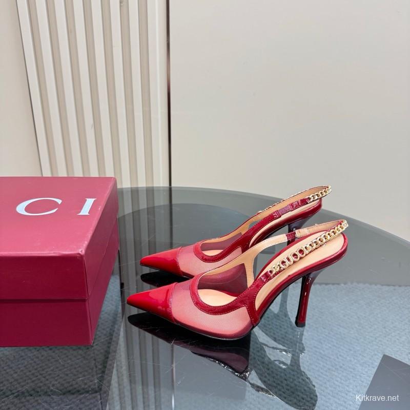 2025 Women Gucci Red Patent Leather Pointed Toe Slingback High Heel Pumps With Chain Detail KFY00300(F)