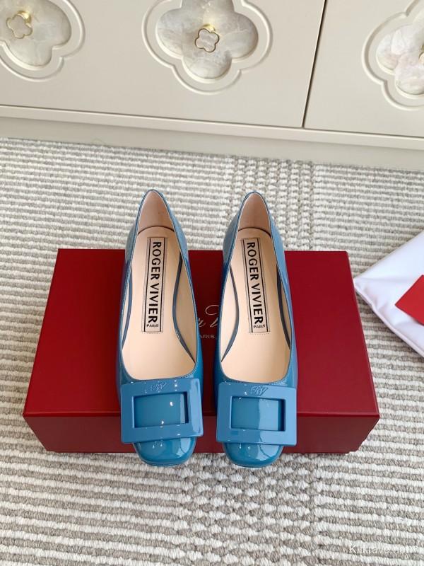 2025 Women Roger Vivier Blue Patent Leather Ballet Flat Square Buckle KFY00310