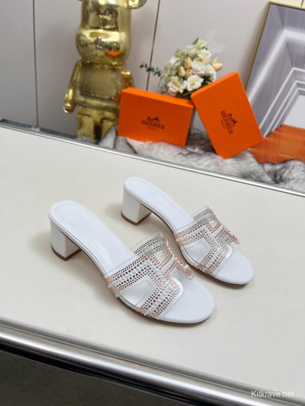 2025 Hermès White Leather Slippers H Pattern MJ00180