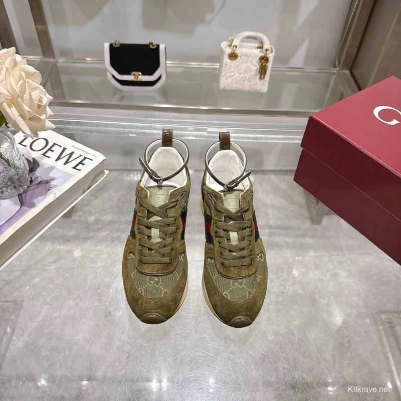 2025 Women Gucci Khaki Green Red Suede Mesh Sneakers LY00340