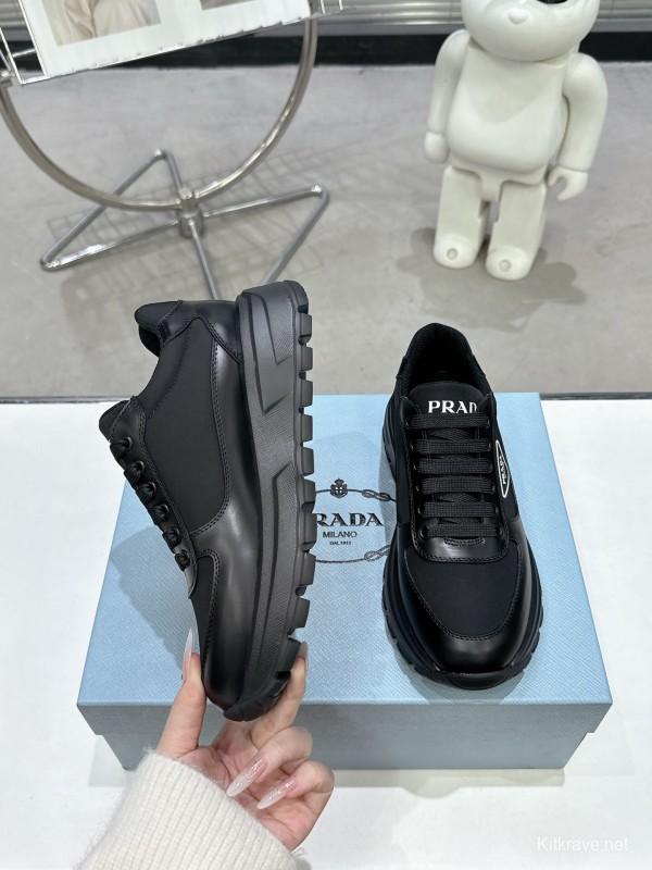 2025 Unisex Prada Black Leather Sneakers KFY00310