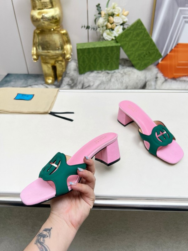 2025 Women Gucci Pink Green Leather Slippers