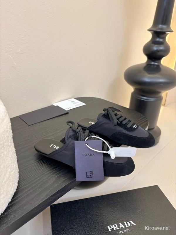 2025 Women Prada Black Suede Nylon Casual Lace-up Shoes