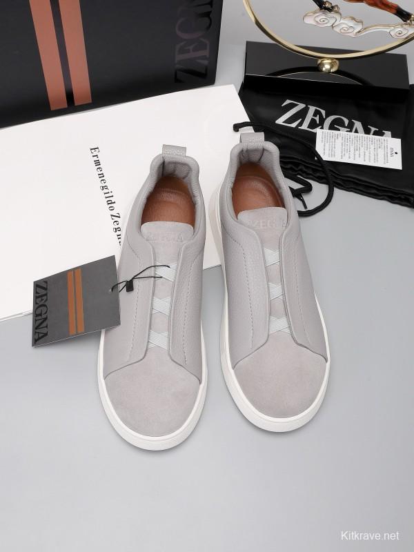 2024 Men Ermenegildo Zegna Light Grey Leather Suede Low Top Sneakers MJ00240