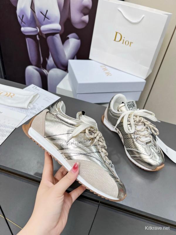 2025 Women Dior Silver Leather Suede Sneakers