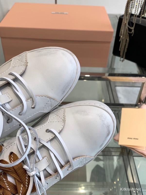 2025 Women Miu Miu White Brown Leather Sneakers LY00290