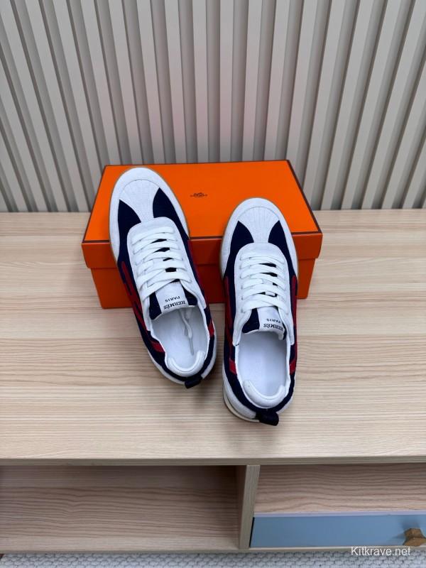 2025 Unisex Hermès White Navy Red Suede Down Fabric Sneakers KFY00300