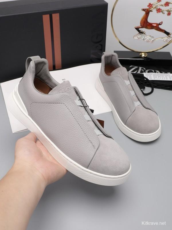 2024 Men Ermenegildo Zegna Light Grey Leather Suede Low Top Sneakers MJ00240