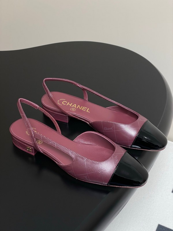 2025 Women Chanel Purple Black Leather Sling-back Pumps KFY00300
