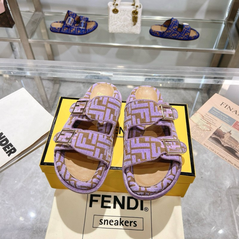 2025 Slippers Fendi Purple Fabric Buckle FF Jacquard MJ00230