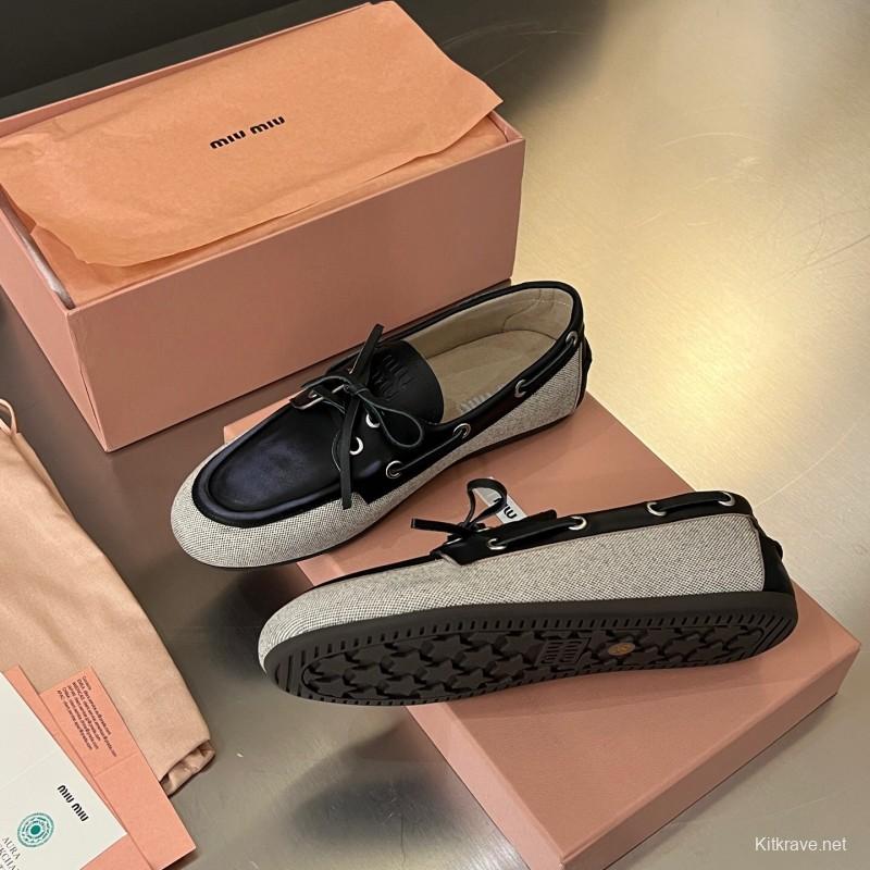 2025 Women Miu Miu Black Beige Leather Fabric Loafers