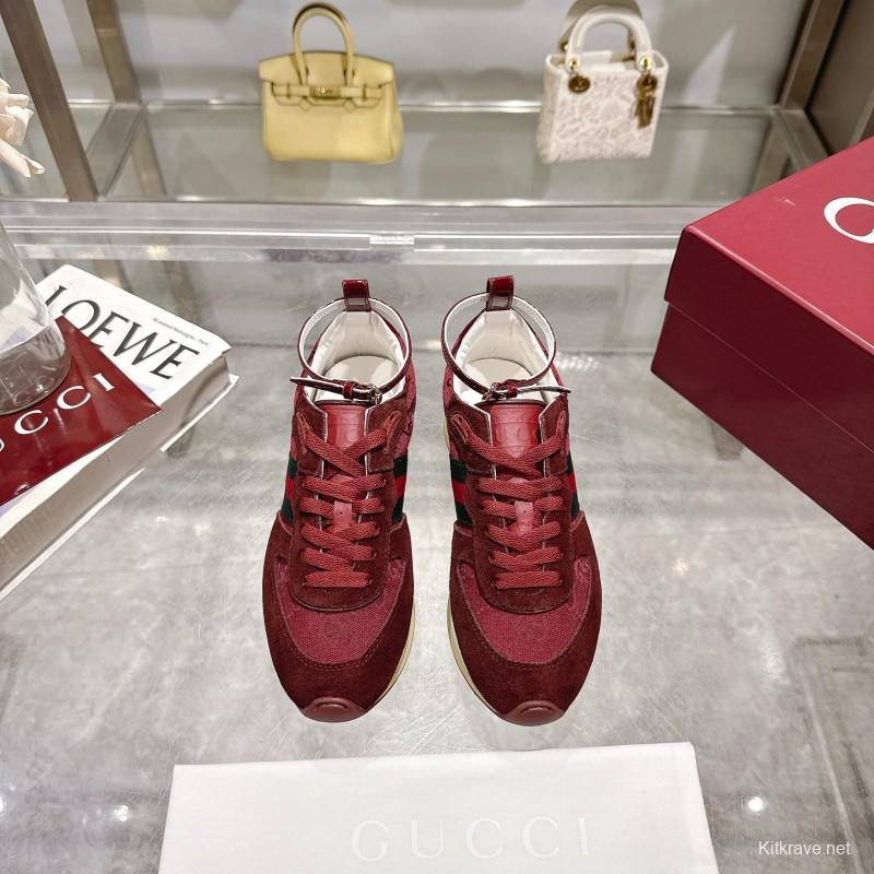 2025 Women Gucci Burgundy Red Suede Fabric Sneakers LY00340