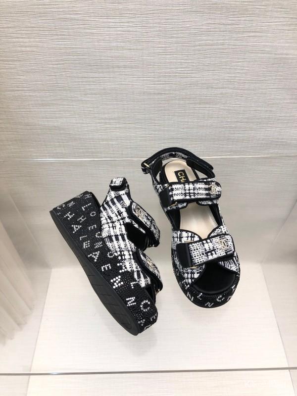 2025 Women Chanel Black White Fabric Platform Sandals LY00330