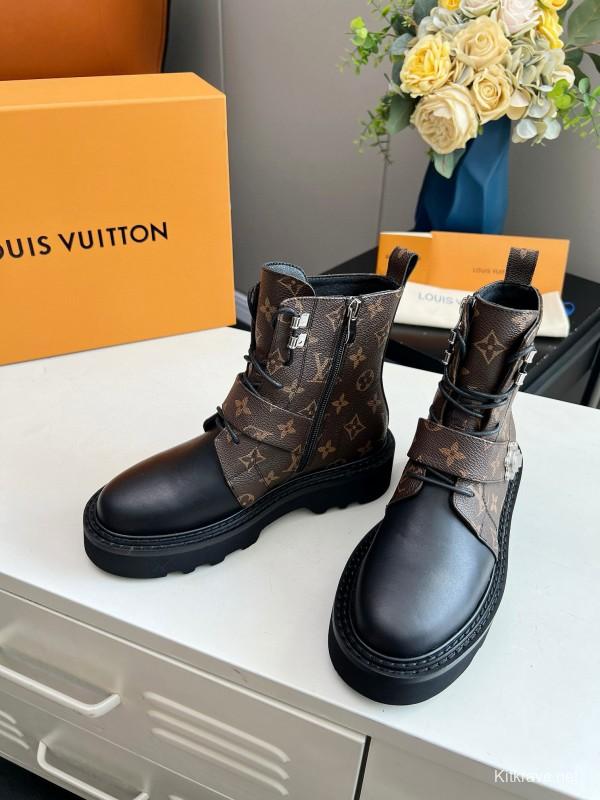 2024 Women Louis Vuitton Brown Black Leather Ankle Boots MJ00310