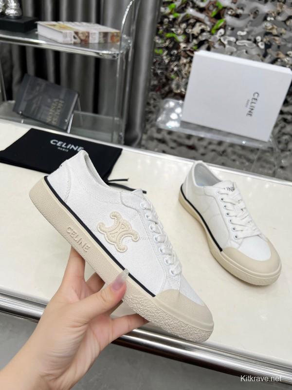 2025 Women Celine White Canvas Leather Low Top Sneakers LY00210