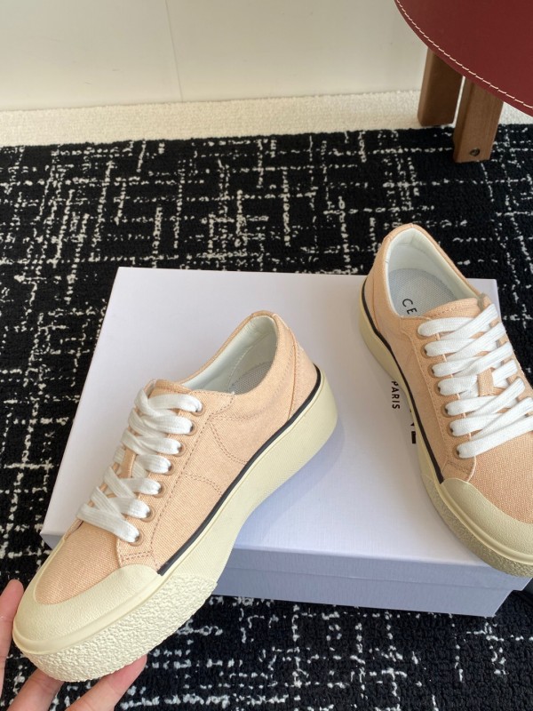 2025 Women Celine Beige Canvas Leather Platform Sneakers