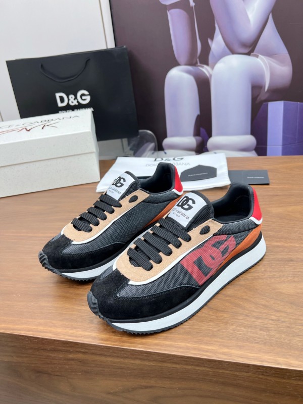 2025 Unisex Dolce & Gabbana Black Brown Red PU Leather Mesh Casual Sneakers LY00300