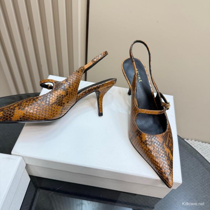 2025 Women CELINE Brown Snake Leather Slingback Pumps