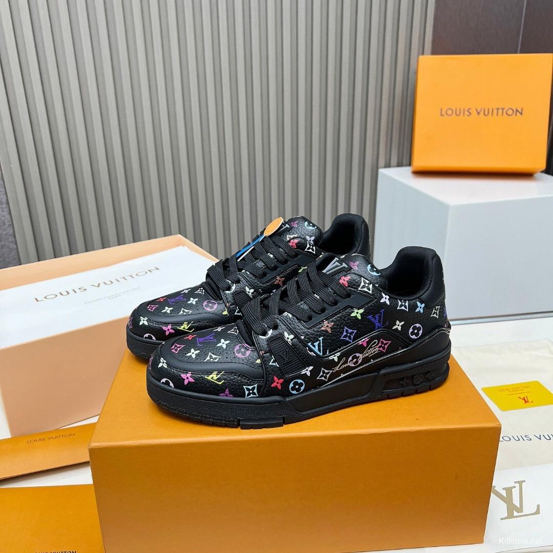 2025 Unisex Louis Vuitton Black Multicolor Leather LV Trainer Sneakers KFY00370