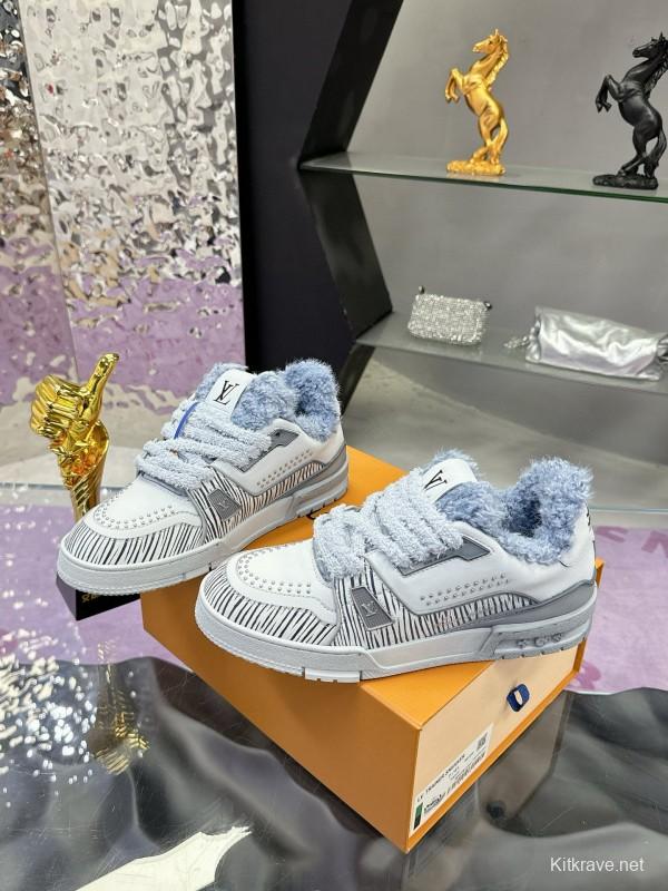 2024 Women Louis Vuitton White Grey Leather Fur Sneakers