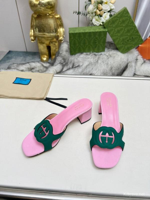 2025 Women Gucci Pink Green Leather Slippers