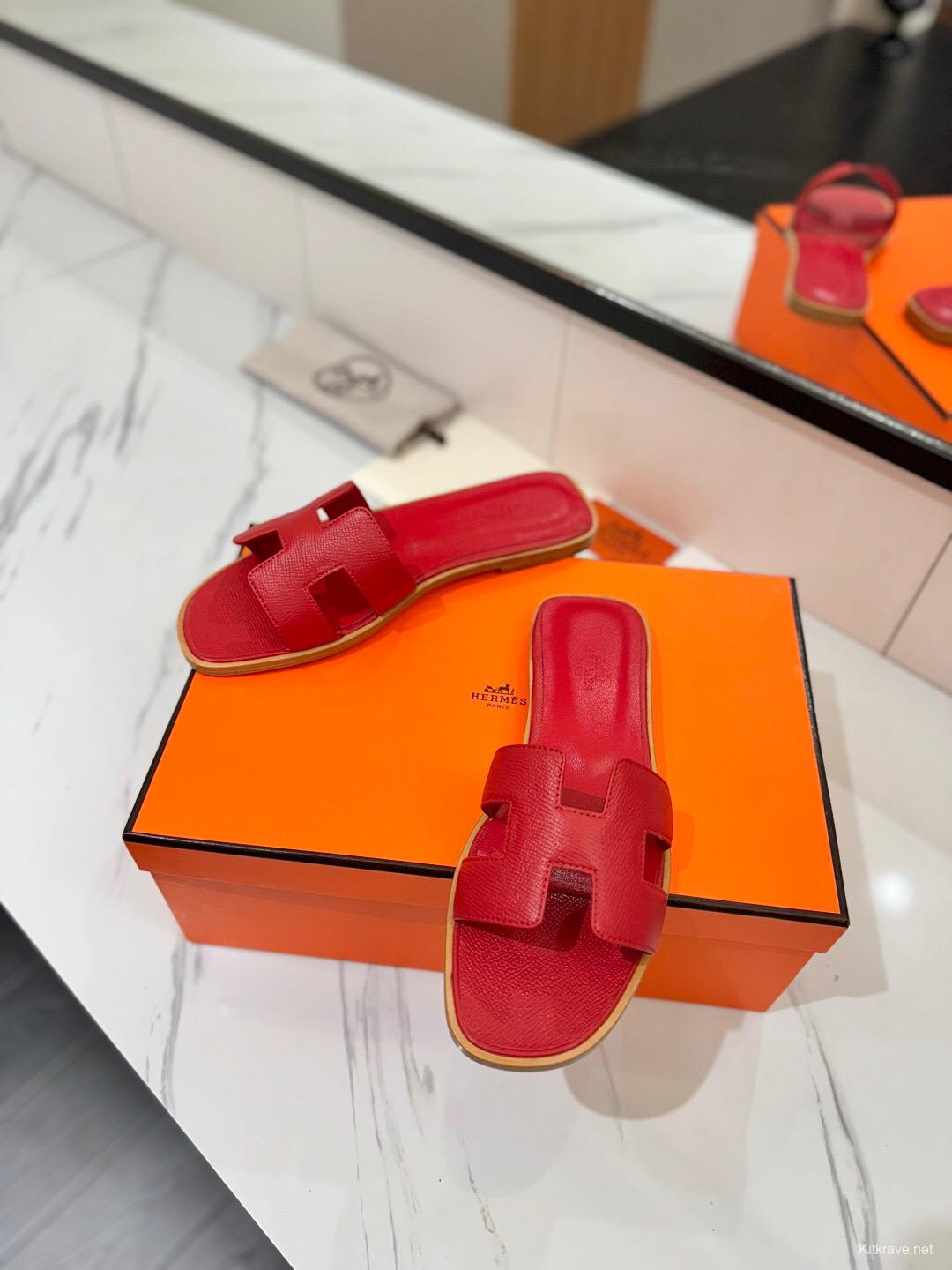 2025 Women Hermès Red Leather Slippers