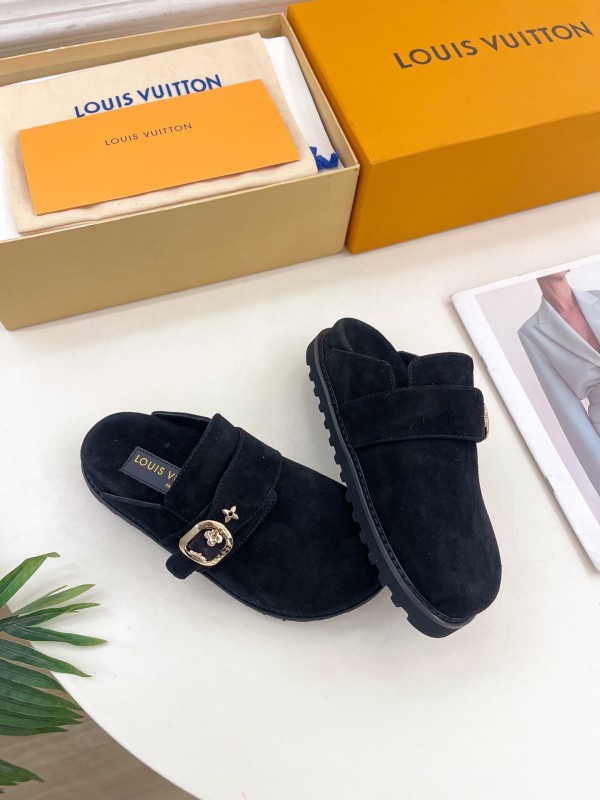 2025 Women Louis Vuitton Black Suede Mule Slip-On KFY00300