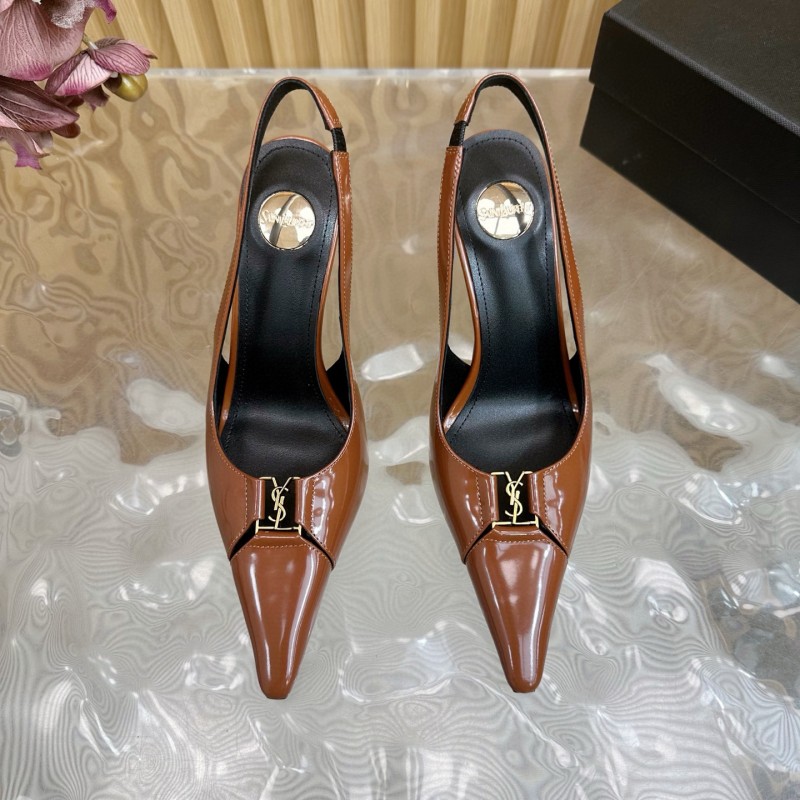 2025 Women Yves Saint Laurent Brown Patent Leather Slingback Heels