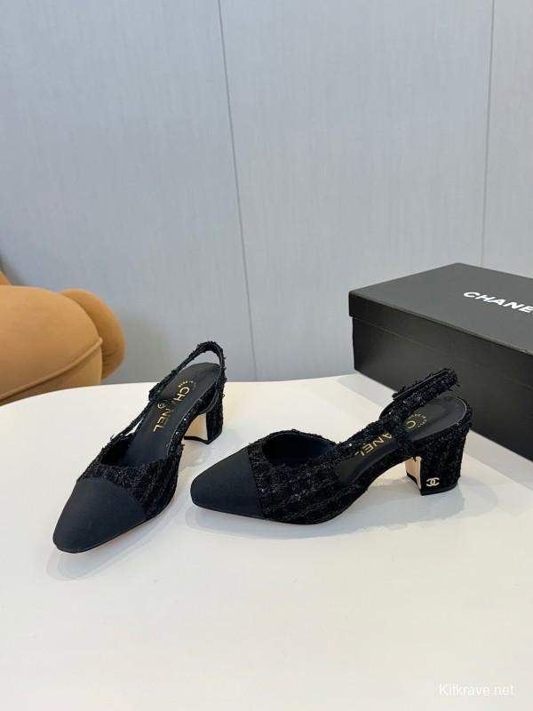 2025 Women Chanel Black Wool Leather Slingback Pumps