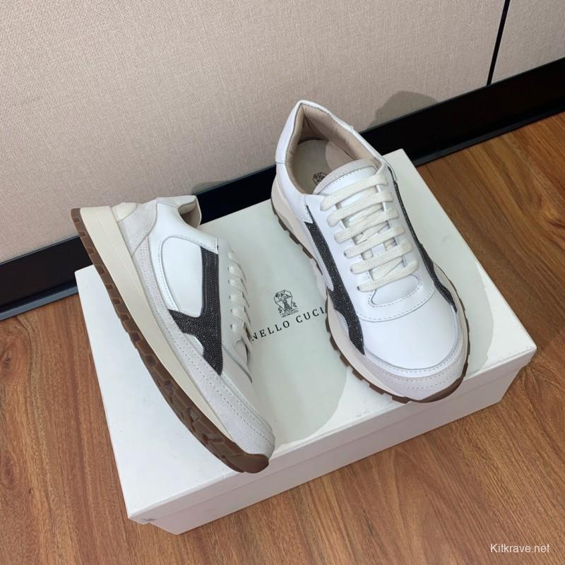 2025 Unisex Brunello Cucinelli White Grey Leather Suede Sneakers LY