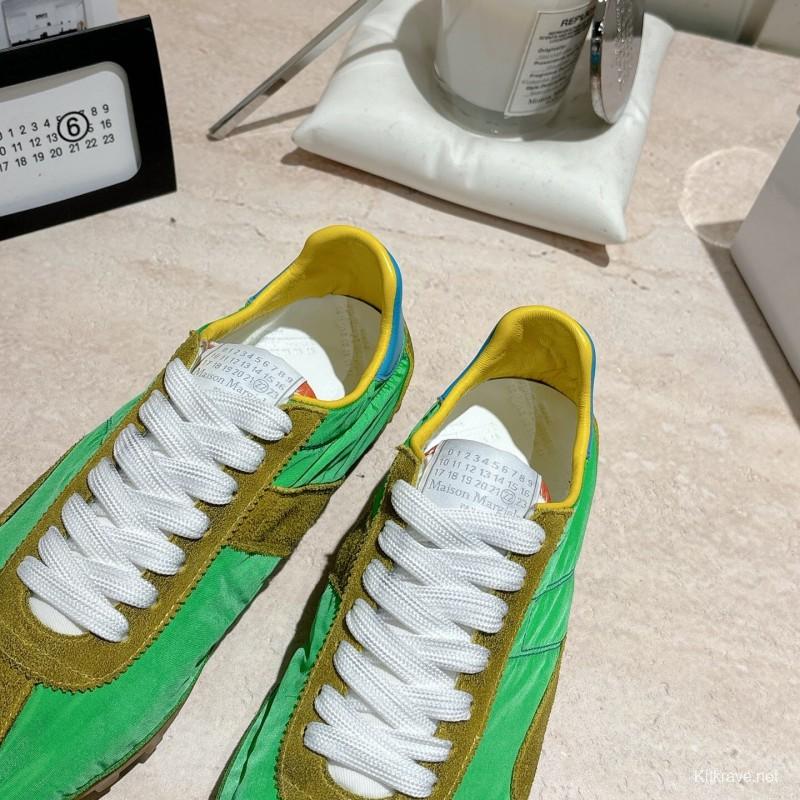 2025 Unisex Maison Margiela Green Yellow Leather Nylon Suede Sneakers Distressed