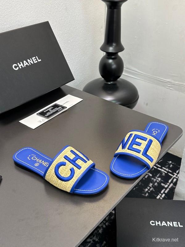 2025 Women CHANEL Blue Beige Canvas Slippers