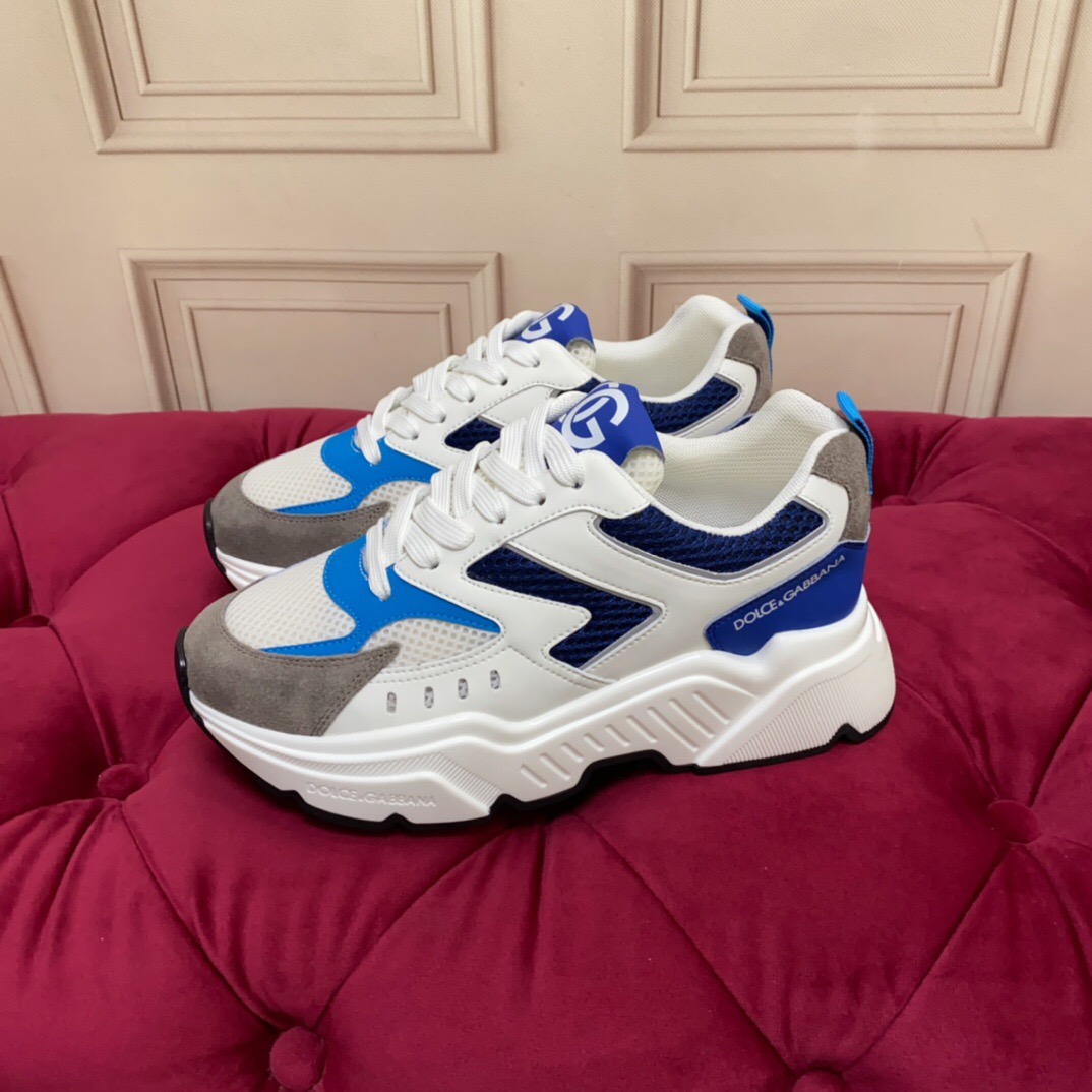 2025 Unisex Dolce & Gabbana White Blue Grey Mesh Leather Sneakers LY00330(F)/LY00340(M)