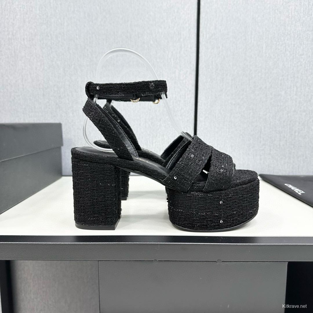2025 Women Chanel Black Fabric Platform Sandals MJ00310