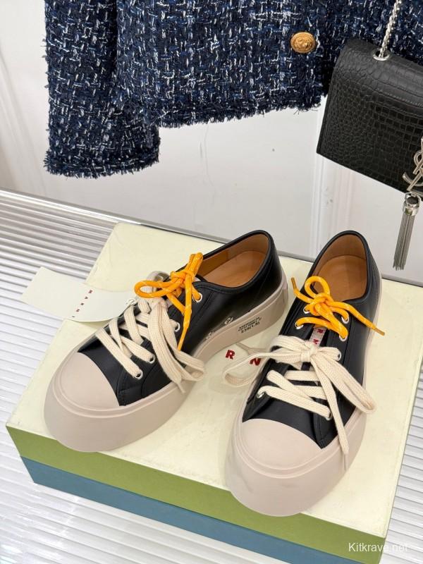 2025 Women Marni Black Leather Platform Sneakers With Contrast Laces LY00360(F)