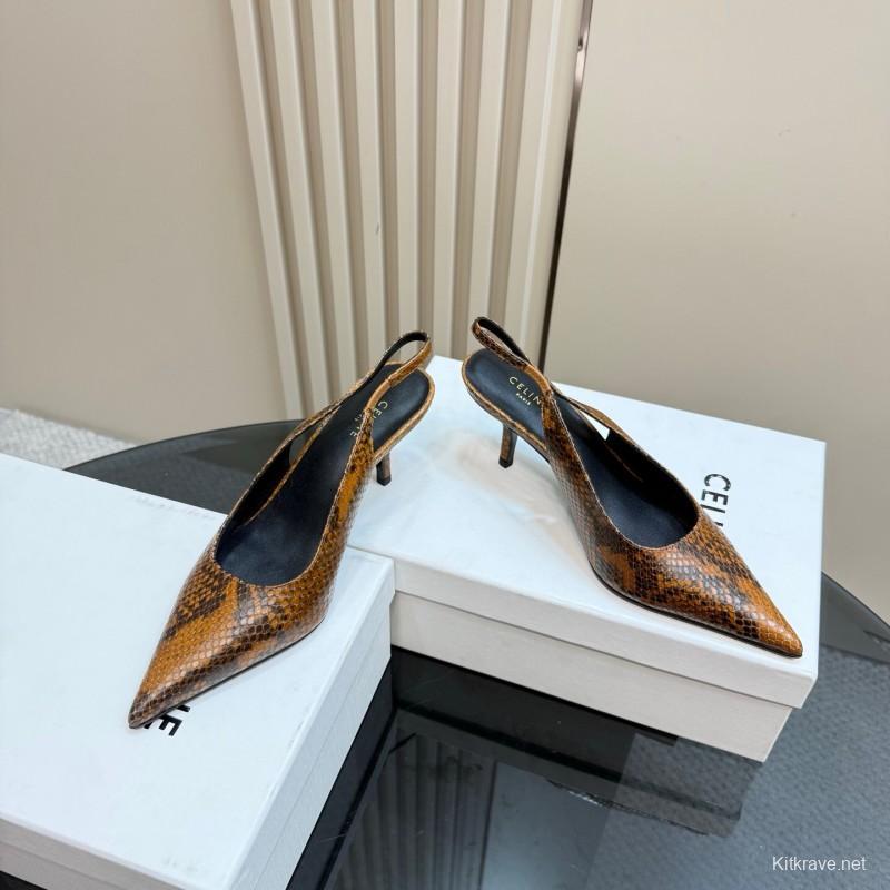 2025 Women Celine Brown Snakeskin Leather Slingback Heels