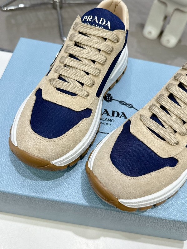 2025 Unisex Prada Blue Beige Suede Leather Sneakers KFY00310