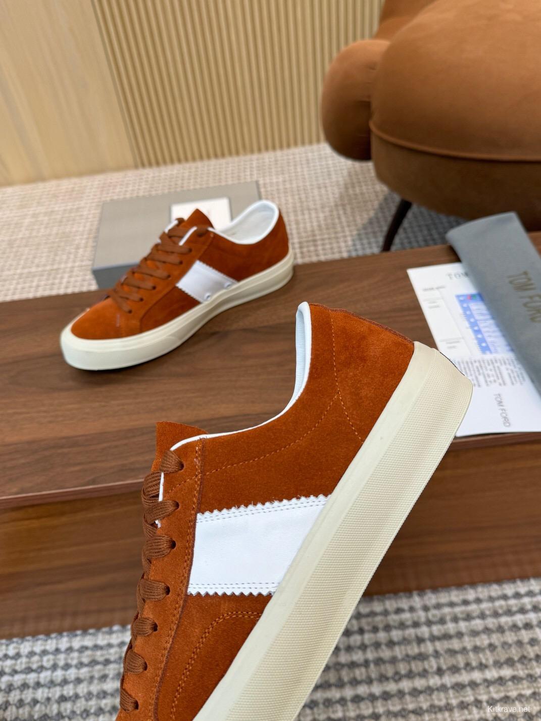 2025 Men TOM FORD Brown White Suede Sneakers LY00360