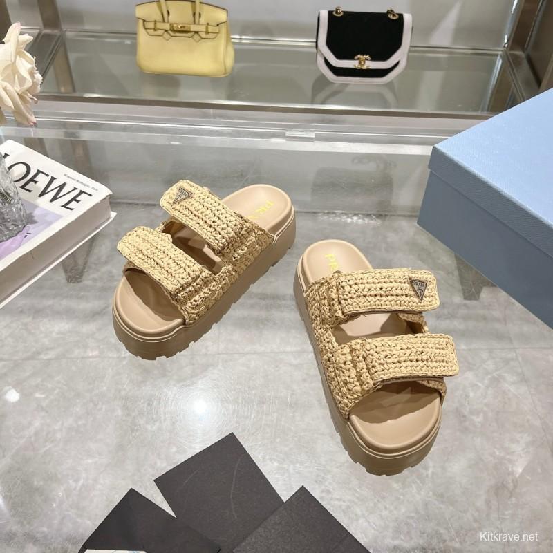2025 Women Prada Beige Woven Leather Slippers LY