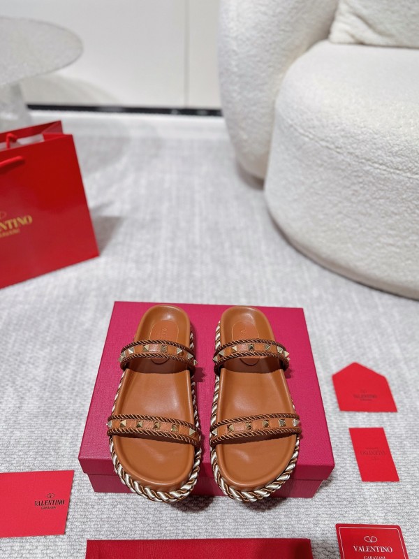 2025 Women Valentino Brown Leather Sandals Braided Rope Sole LY00250