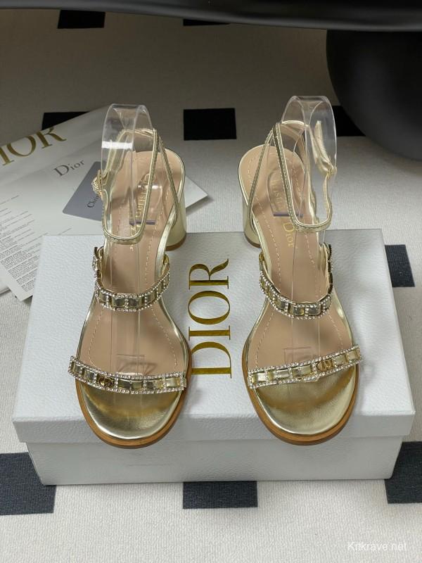 2025 Women Dior Gold Leather Crystal Block Heel Sandals