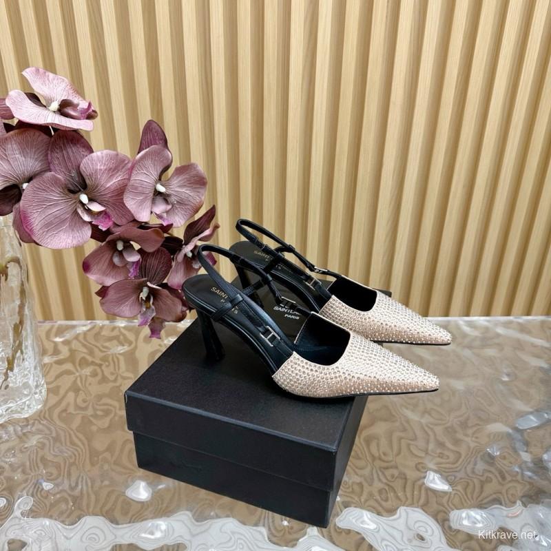 2024 Women Yves Saint Laurent Beige Rhinestone Silk Slingback Pumps MJ00320
