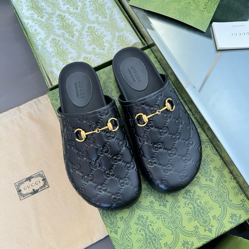 2024 Slippers Gucci Black Leather GG Pattern Horsebit MJ00280