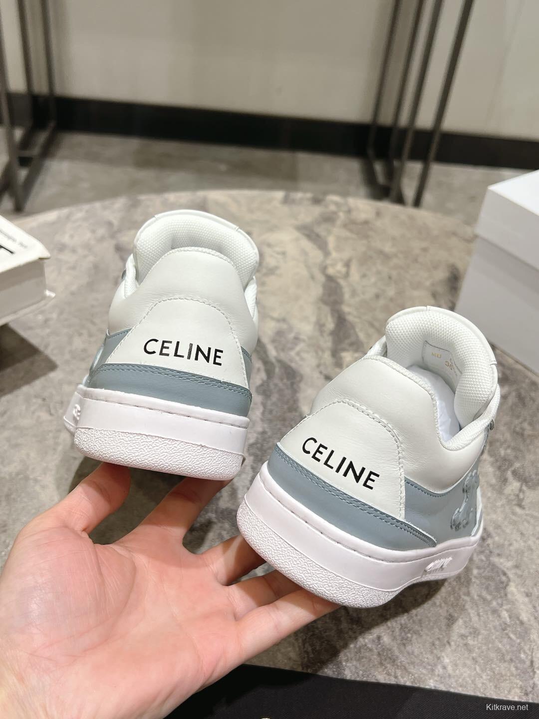 2025 Women Celine White Light Blue Leather Sneakers
