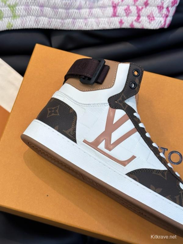 2024 Men Louis Vuitton White Brown Leather High Top Sneakers MJ00420