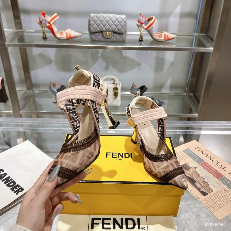 2025 Women Fendi Beige Brown Fabric Leather High Heels MJ00280
