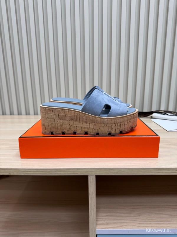 2025 Women Hermès Blue Suede Slippers